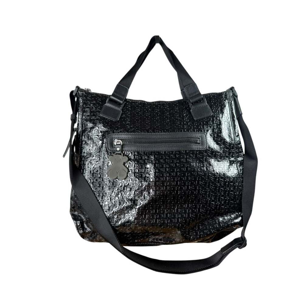 Tous Black Lindsay Patent Vinyl Monogram City Shoulder Bag Tote